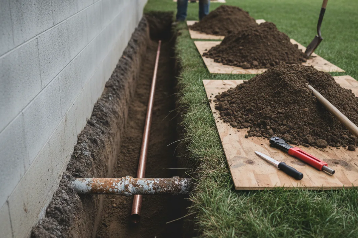 Excavated water line trench during Water Softener Installation in Cedar City